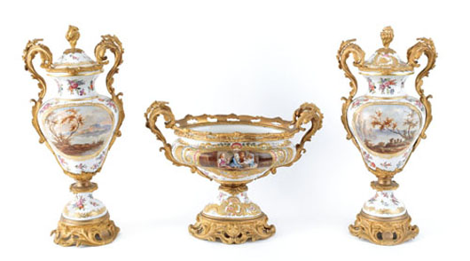 Nineteenth-century ormolu-mounted porcelain three-piece garniture set, $16,590. Image courtesy of Pook & Pook Inc.